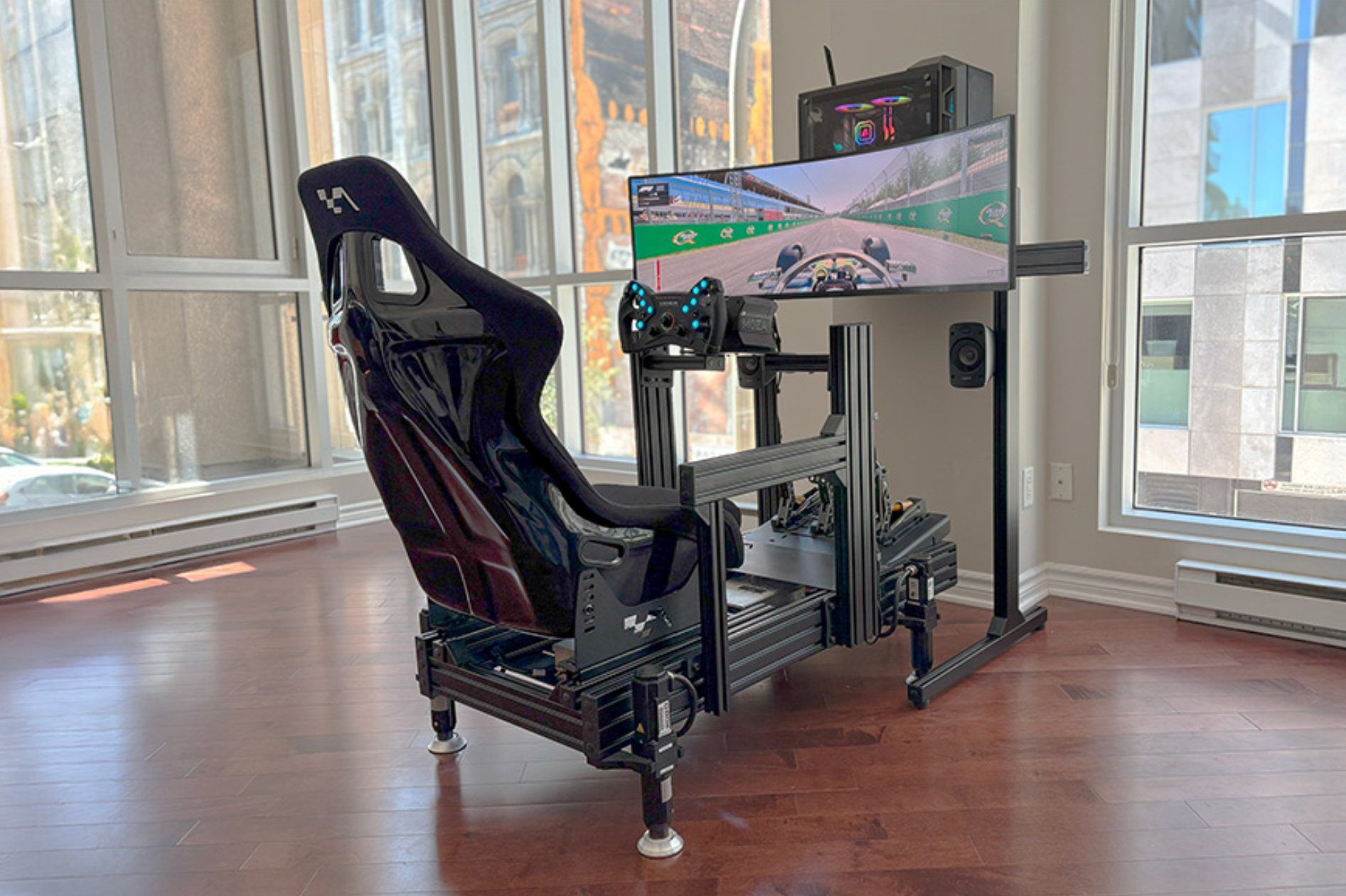 Complete SimFX racing simulator installed in a bright interior